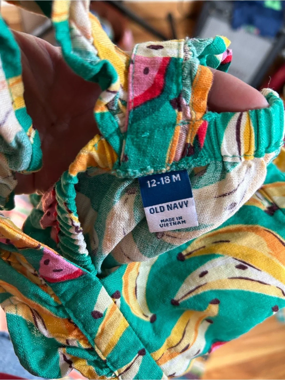 Old Navy Turquoise Banana & Watermelon Print Baby Bubble Linen Romper 12-18 MOS